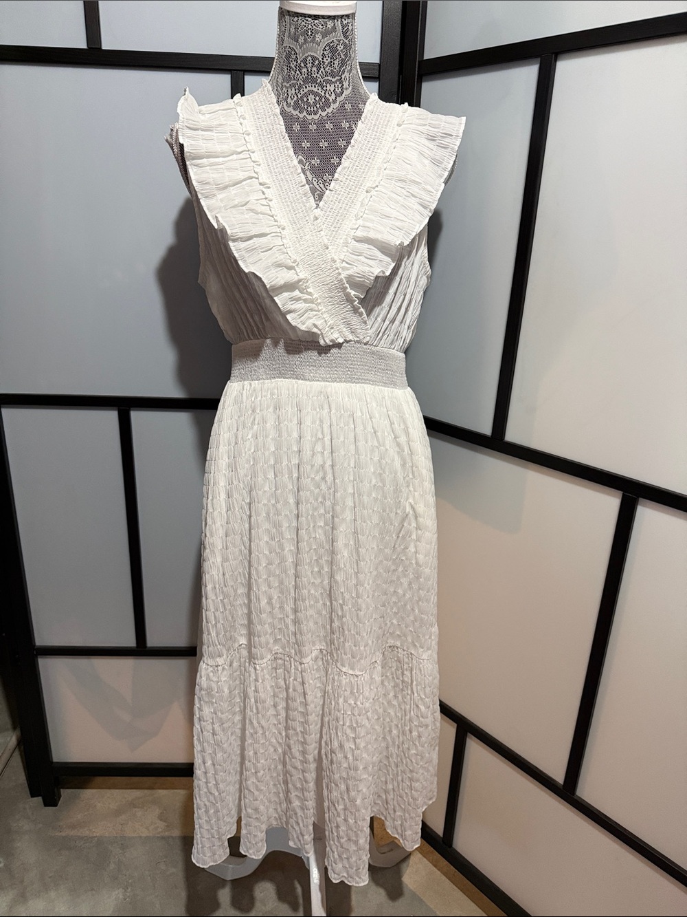 Smocked Waist Ivory Ruffle V-Neck Midi Dress